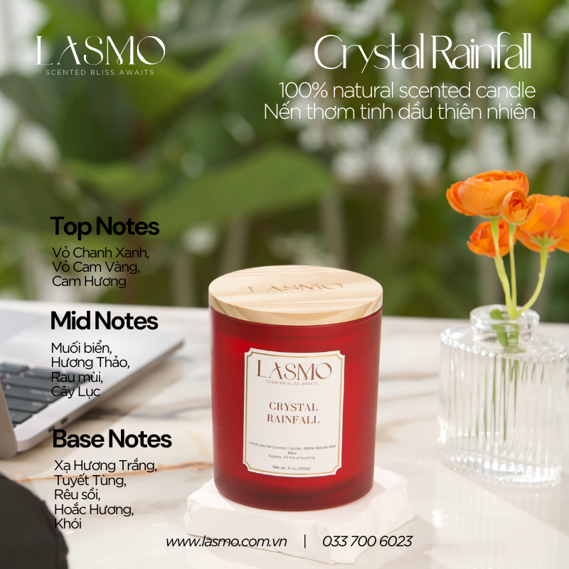 Nến thơm LASMO Crystal Rainfall mùi Mưa thư giãn size 2oz 60gram - nến thơm tinh dầu thiên nhiên
