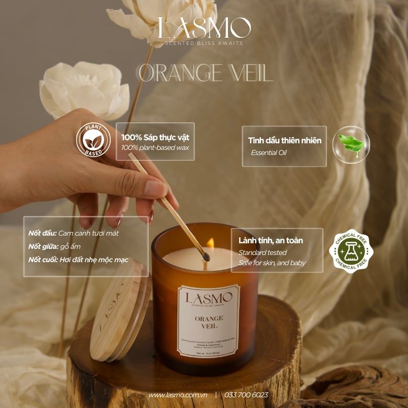 Nến thơm LASMO Orange Veil mùi Cam Ngọt và Gỗ Đất size 8oz 200gr - nến thơm tinh dầu thiên nhiên