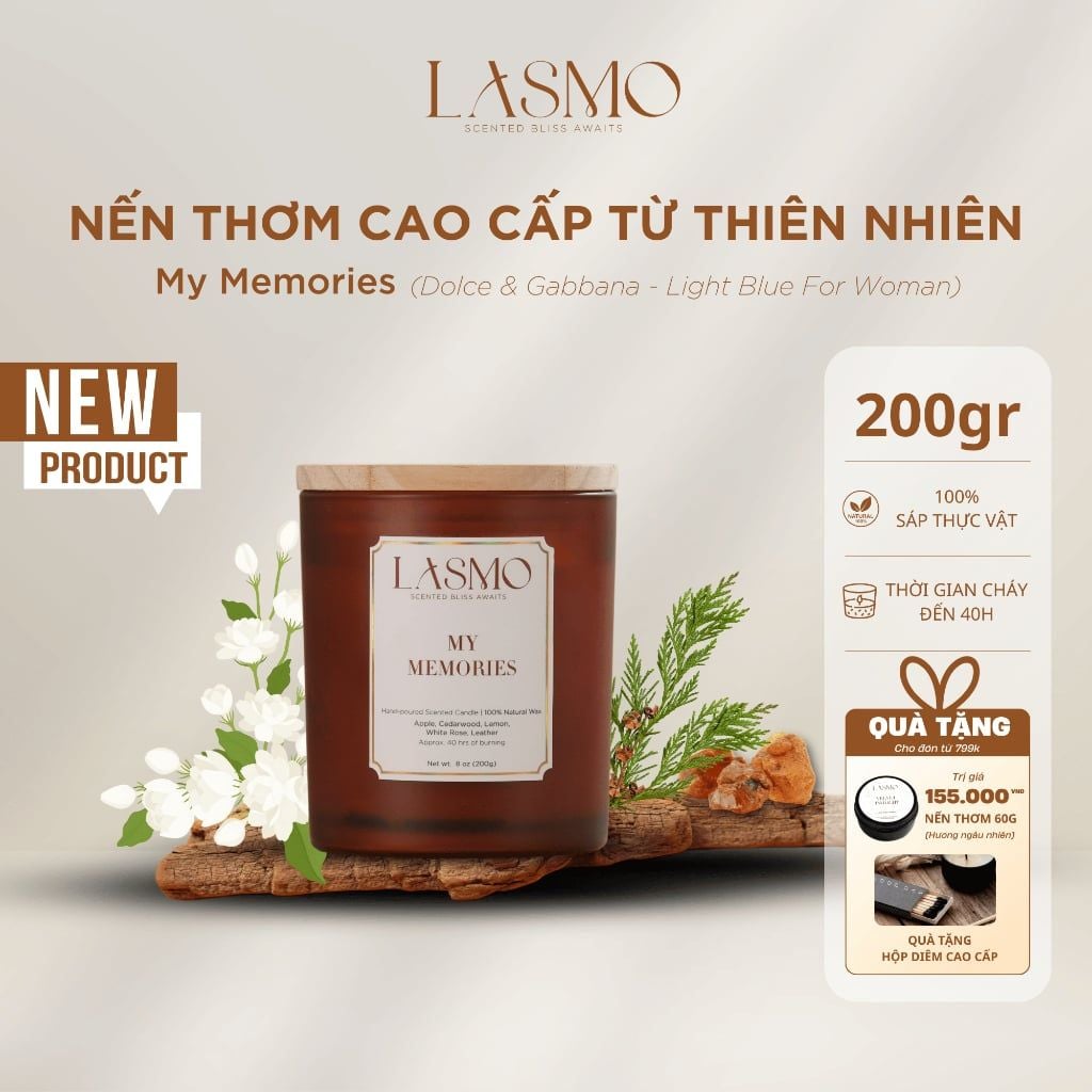  Nến Thơm Quà Tặng Cao Cấp Lasmo My Memories 200gr - Hương Thơm Thư Giãn Giúp Ngủ Ngon 