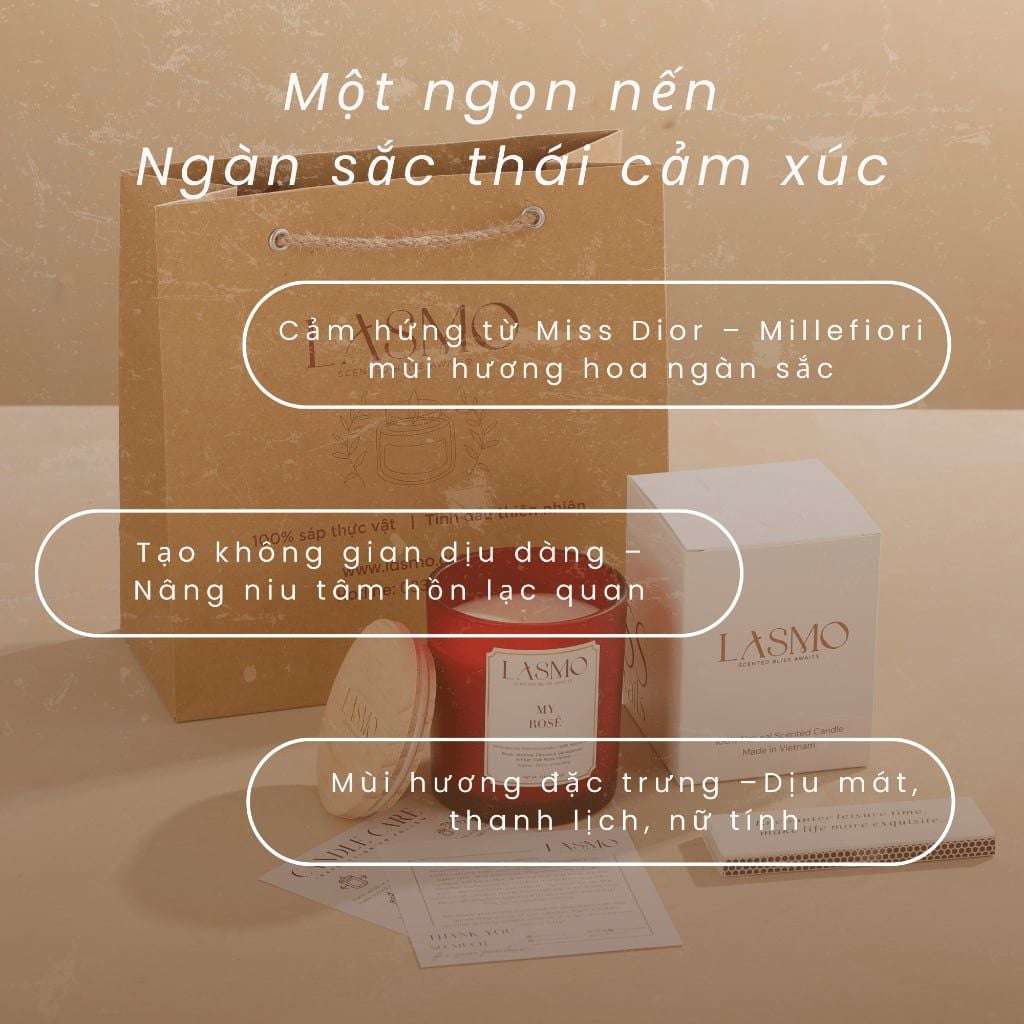  Nến Thơm Quà Tặng Cao Cấp Lasmo My Rosé 200gr - Hương Thơm Thư Giãn Giúp Ngủ Ngon 