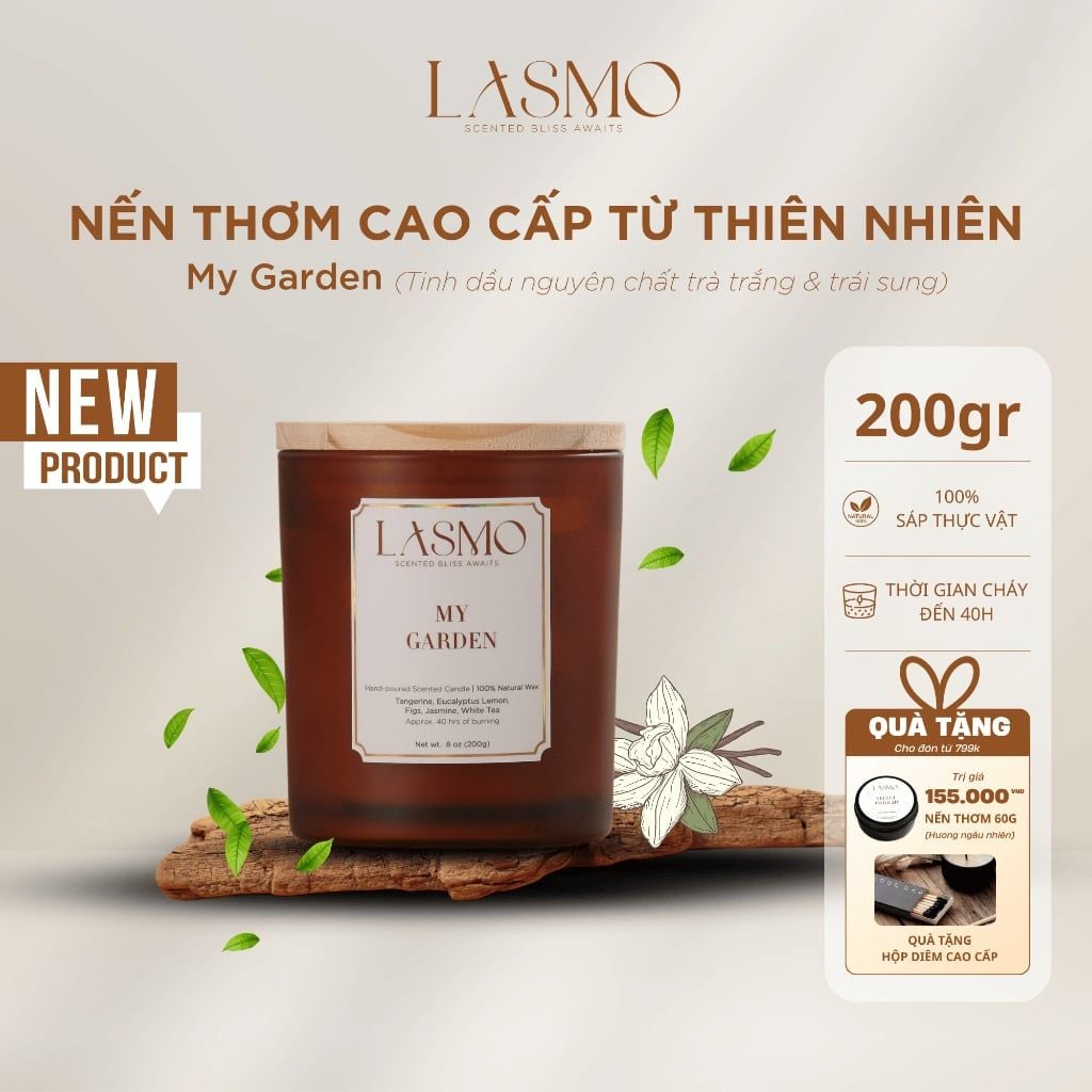  Nến Thơm Quà Tặng Cao Cấp Lasmo My Garden 200gr - Hương Thơm Thư Giãn Giúp Ngủ Ngon 