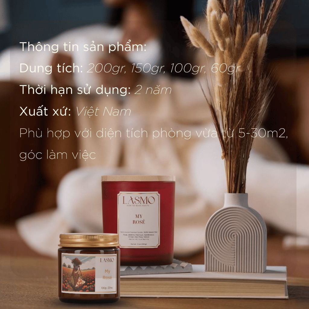  Nến Thơm Quà Tặng Cao Cấp Lasmo My Rosé 200gr - Hương Thơm Thư Giãn Giúp Ngủ Ngon 