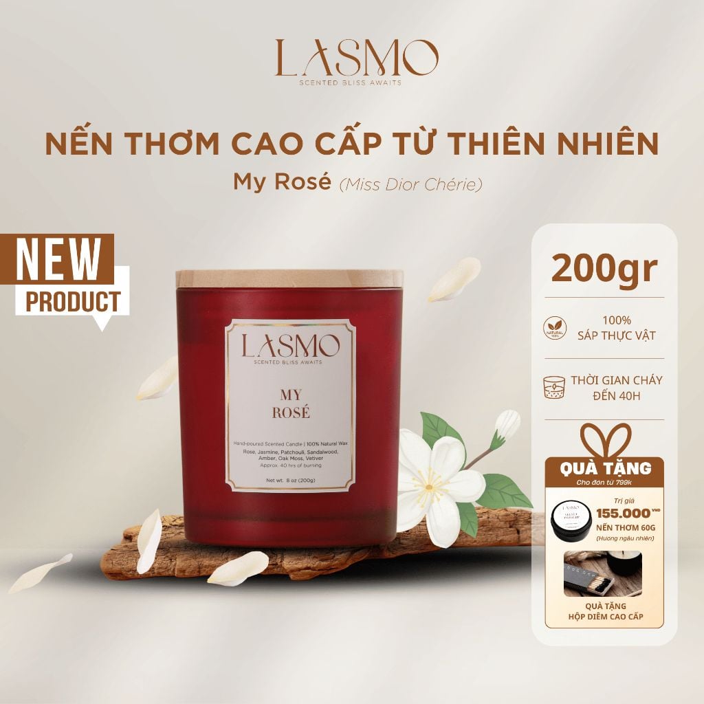  Nến Thơm Quà Tặng Cao Cấp Lasmo My Rosé 200gr - Hương Thơm Thư Giãn Giúp Ngủ Ngon 