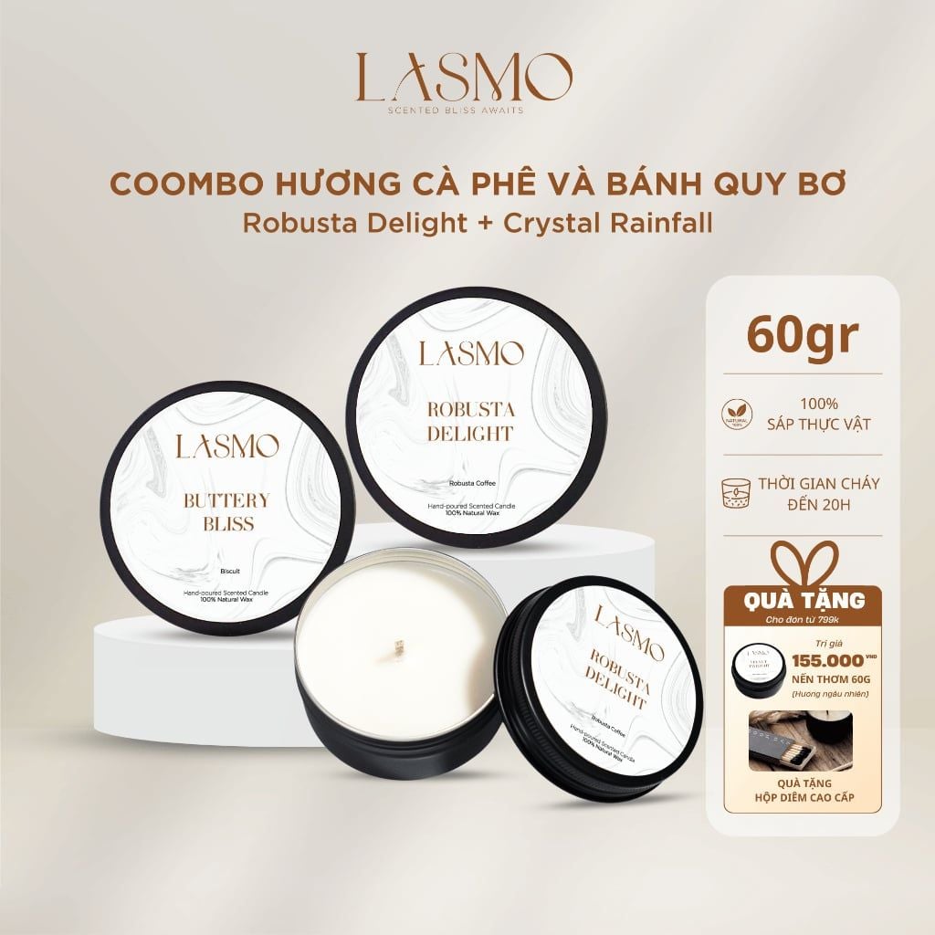 Combo 2 Nến Thơm Cao Cấp Lasmo Hương Cà Phê Robusta và Bánh Quy Bơ 60gr Dành Cho Phòng Vừa Và Nhỏ